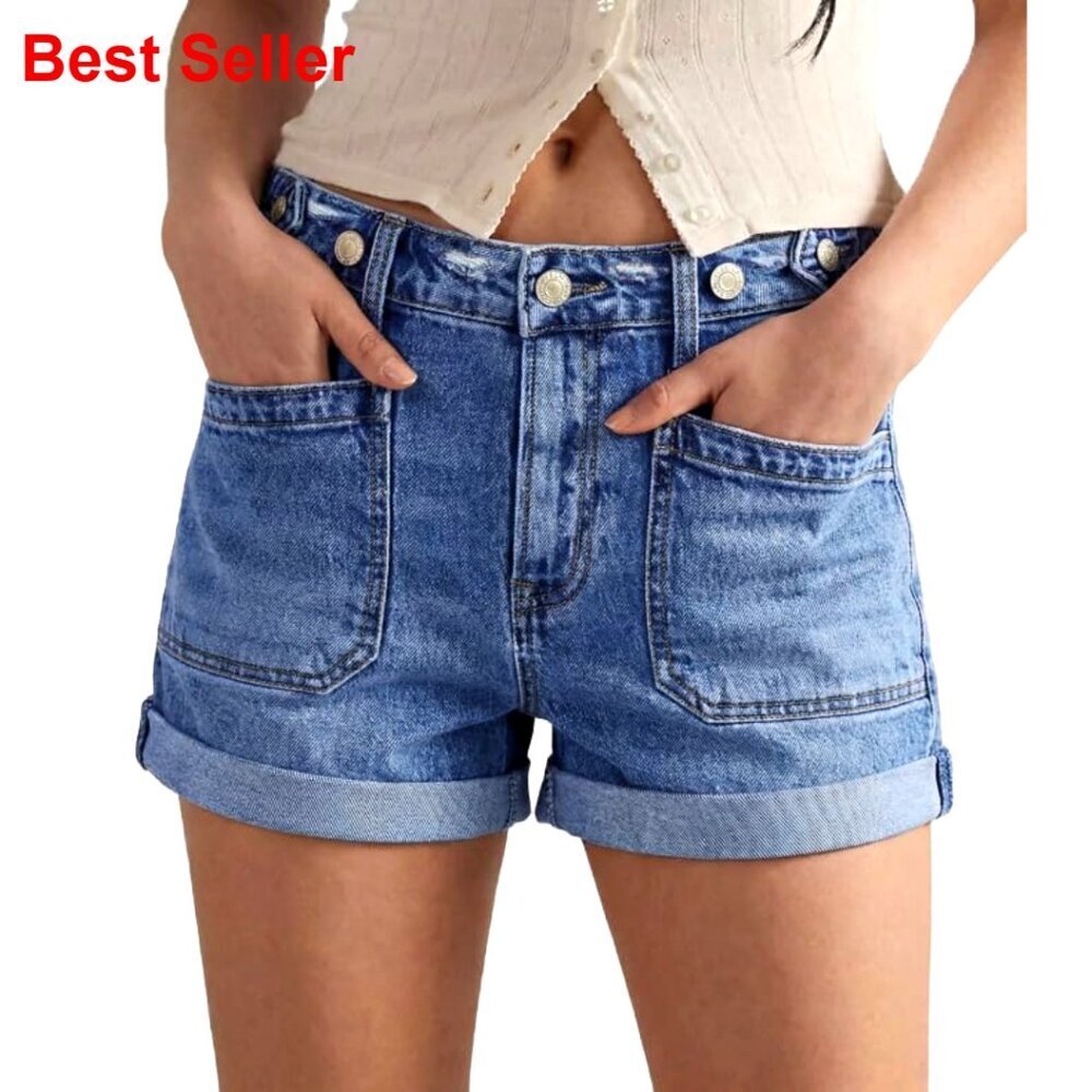 Mid Rise Stretchy Denim Hot Pants with Adjustable Waist